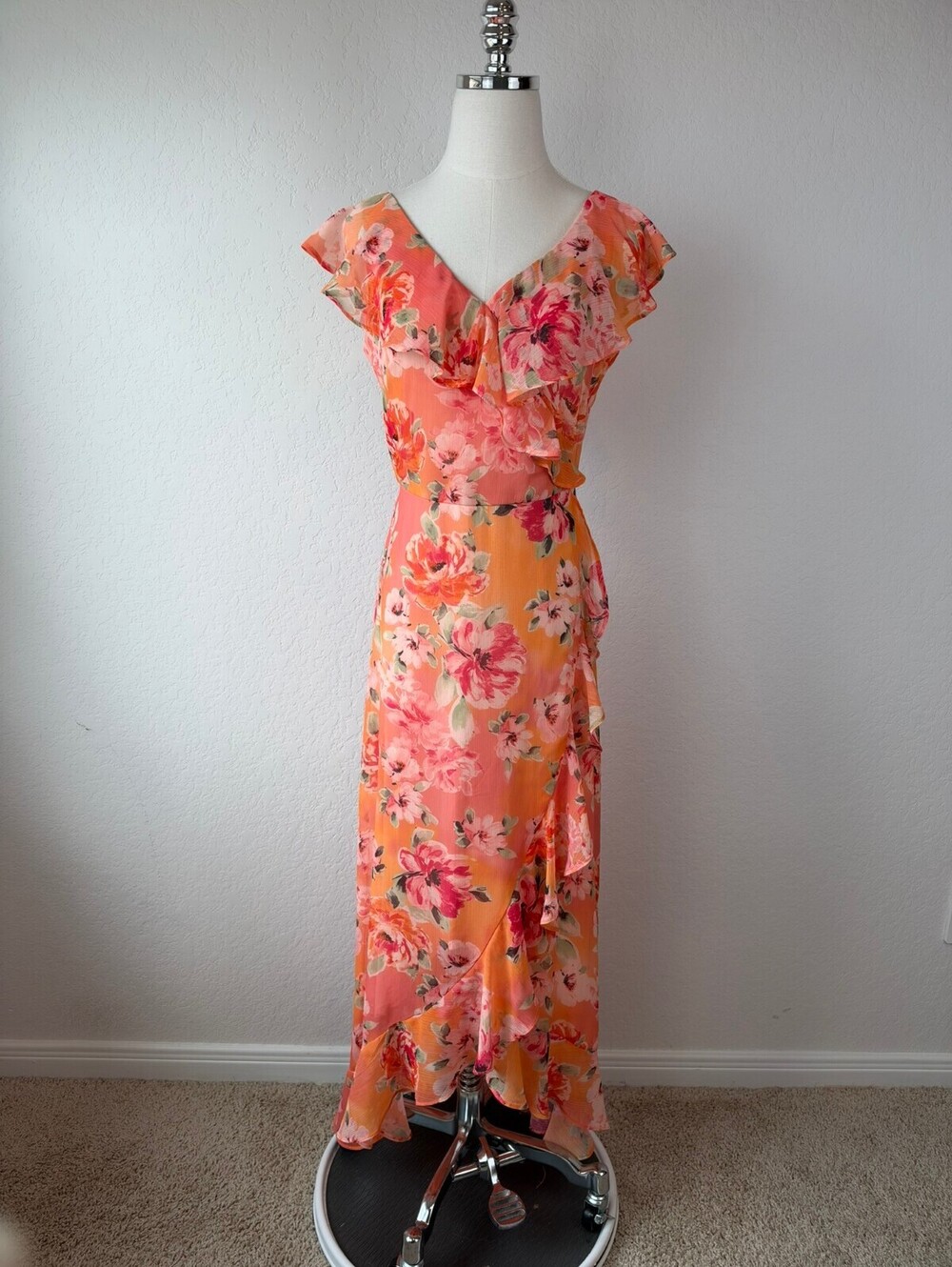 Vintage Y2K Orange Pink Floral V Neck Ruffle Maxi Dres Cottagecore Fairy size 6